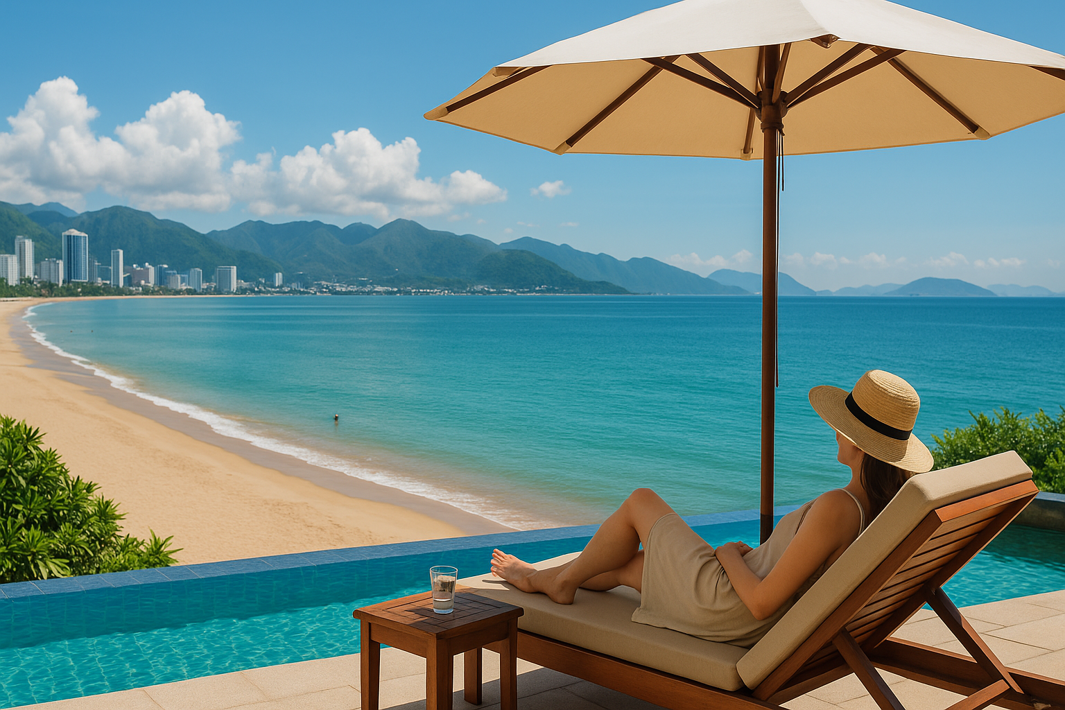 A woman in a sun hat relaxes on a lounge chair by the beach in Nha Trang, Vietnam, overlooking turquoise waters and city skyline, during her recovery after medical treatment.