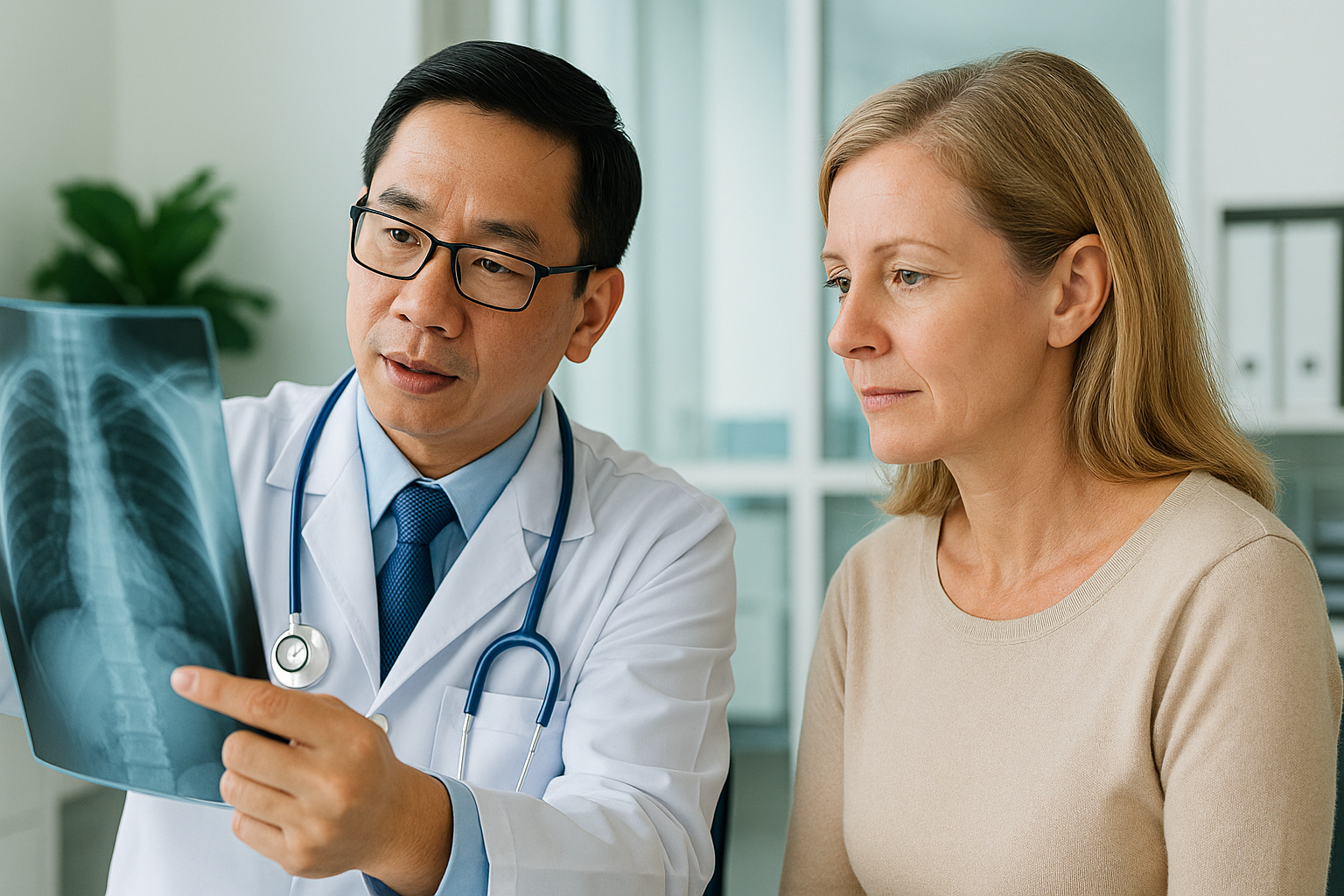Cancer screening consultation between Vietnamese doctor and foreign patient in a hospital in Vietnam.