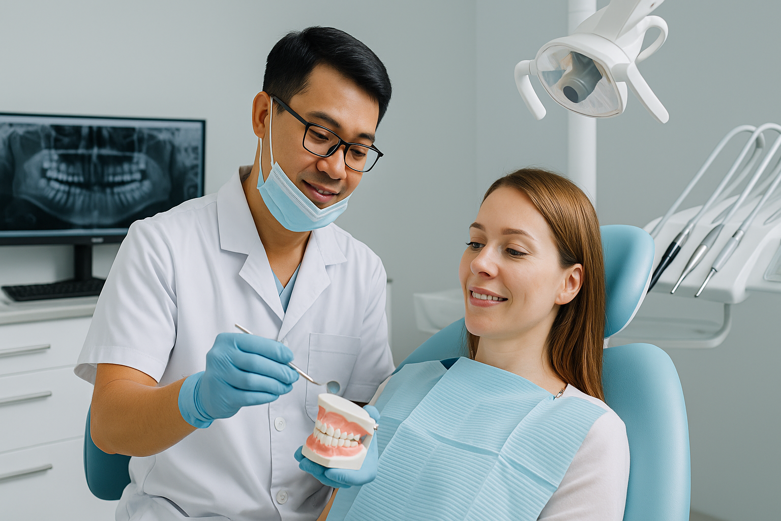 Vietnamese dentist providing gentle dental care to an international patient in a modern clinic