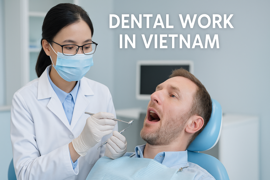 A Vietnamese female dentist treats a foreign male patient in a modern dental clinic, illustrating professional dental care in Vietnam.
