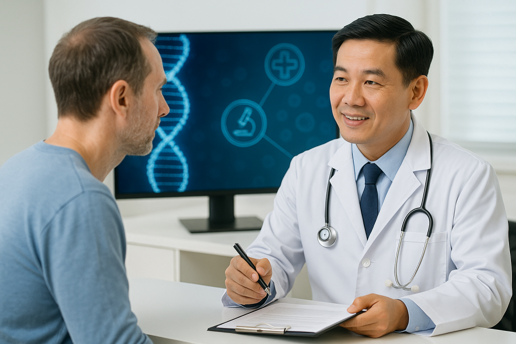 ietnamese doctor discussing regenerative therapy with foreign patient.