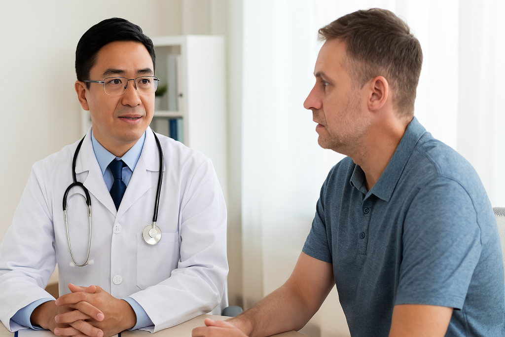 A Vietnamese male doctor in a white coat consulting with a foreign male patient in a bright, modern medical office.