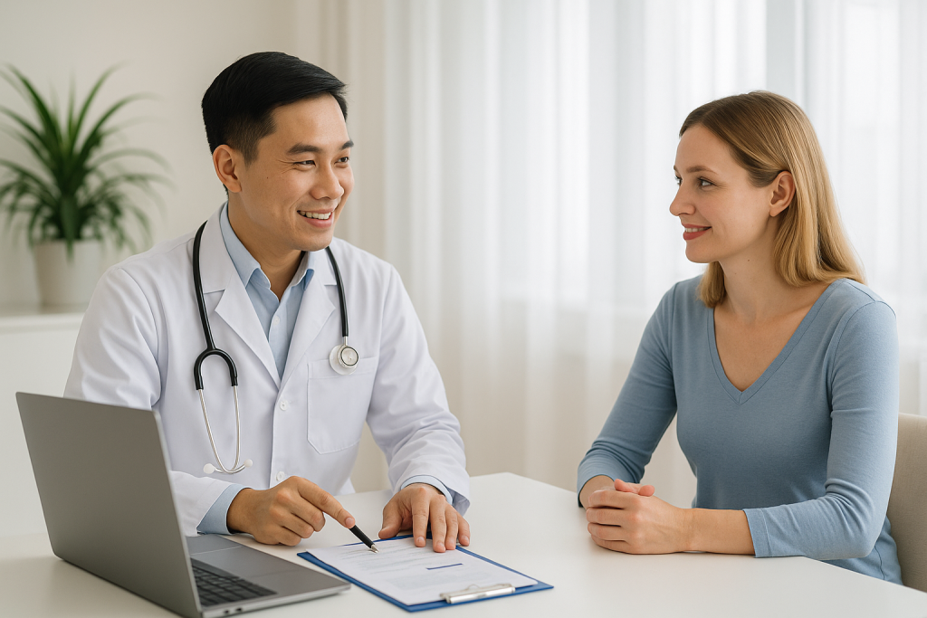 “Vietnamese doctor discussing treatment plan with foreign patient in hospital”