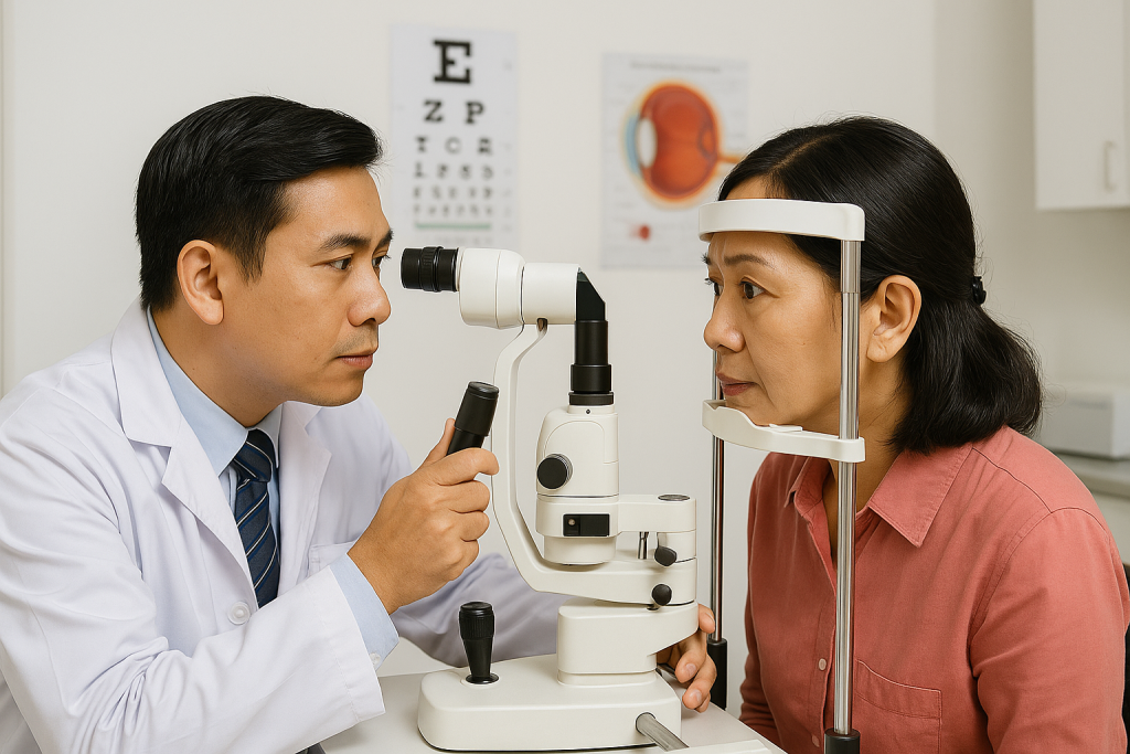Vietnamese ophthalmologist performing eye examination with slit lamp on female patient in a modern clinic.