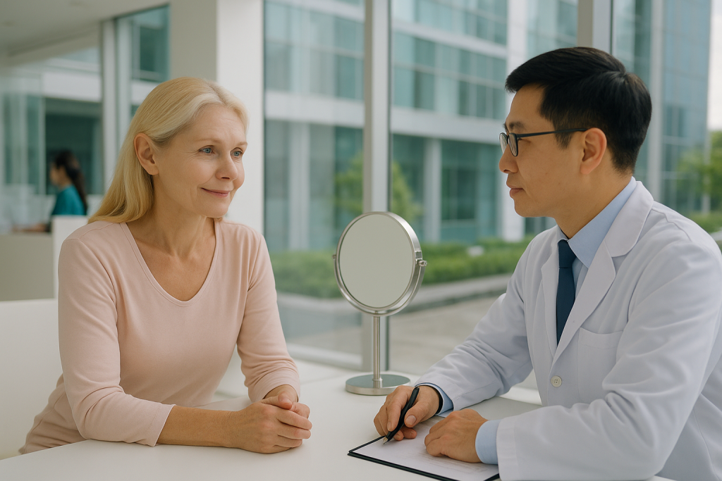 Australian woman consulting with Vietnamese cosmetic surgeon in a modern clinic in Ho Chi Minh City.
