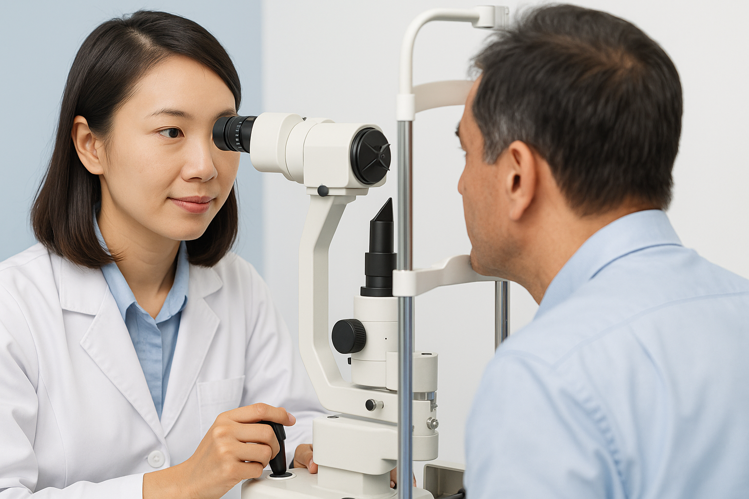 Ophthalmologist in Vietnam performing an eye examination with a slit lamp on a male patient at a modern eye clinic.