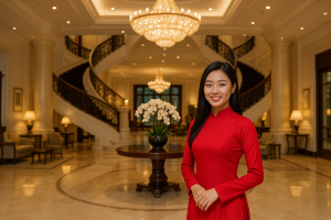Vietnamese hotel receptionist in red áo dài welcoming guests in a luxurious 5-star hotel lobby in Hanoi.