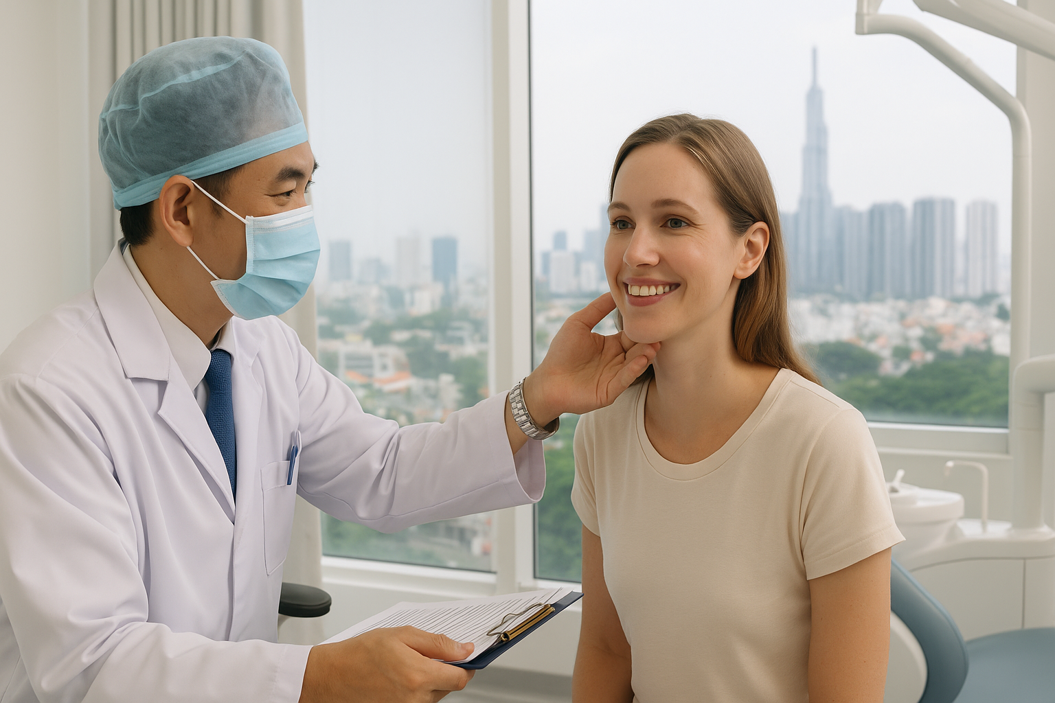 Vietnamese aesthetic surgeon consulting with a smiling international patient in a modern clinic with Ho Chi Minh City skyline view.