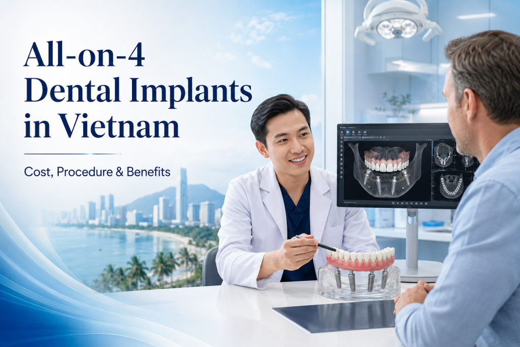 All-on-4 dental implants in Vietnam with a Vietnamese implant dentist consulting an international patient in a modern dental clinic