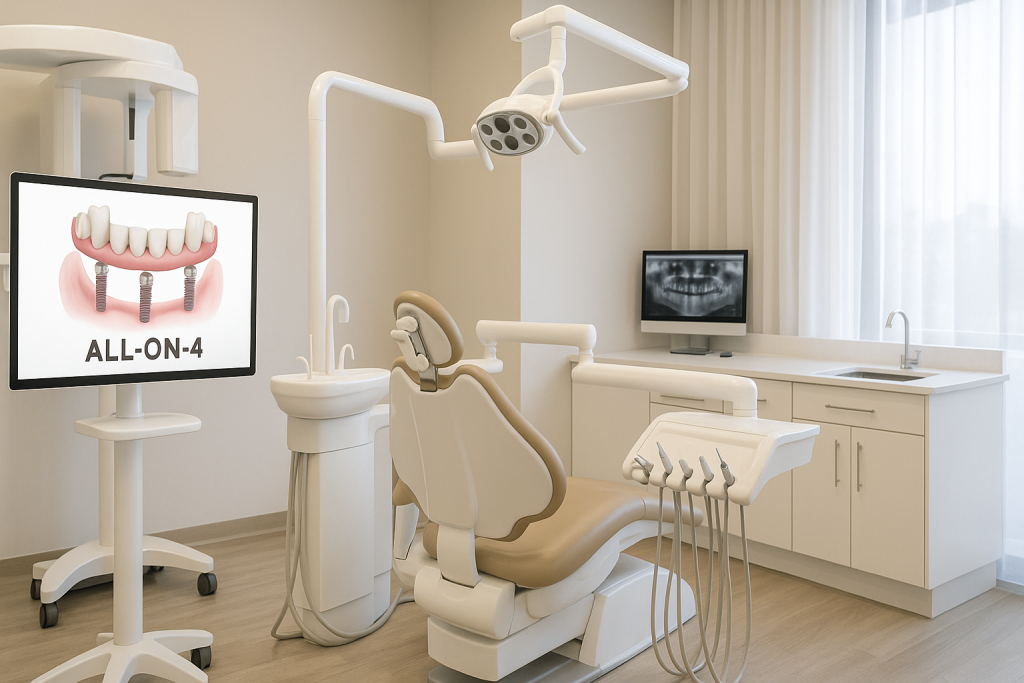 Modern dental clinic in Vietnam with a clean treatment chair and advanced equipment used for All-on-4 dental implant procedures.