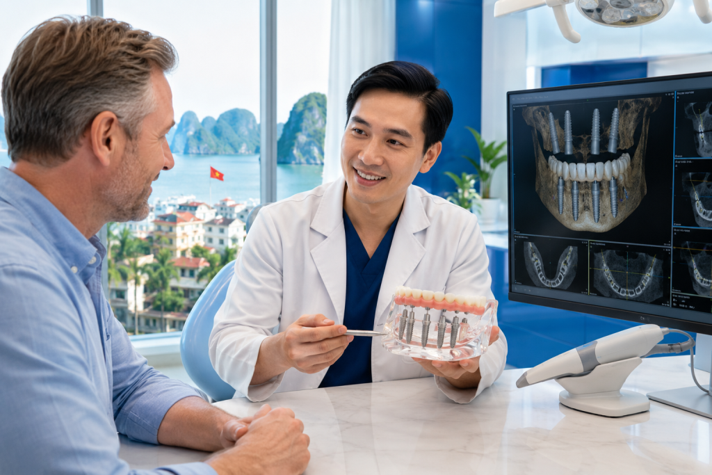 All-on-6 dental implants in Vietnam with a Vietnamese implant dentist consulting an international patient in a modern dental clinic