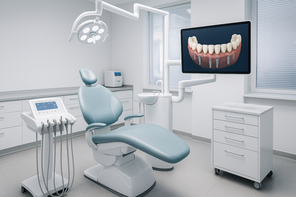Modern dental clinic in Vietnam with advanced equipment and a treatment chair used for All-on-6 dental implant procedures.