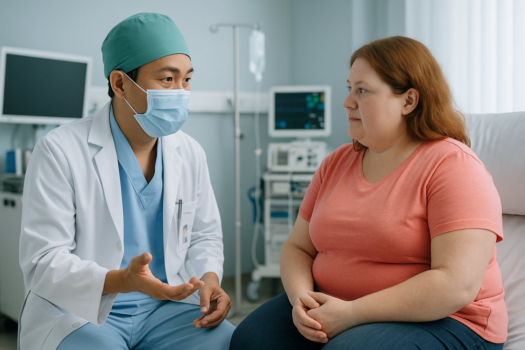 Vietnamese bariatric surgeon discussing weight-loss surgery options with an international patient in a modern hospital in Vietnam