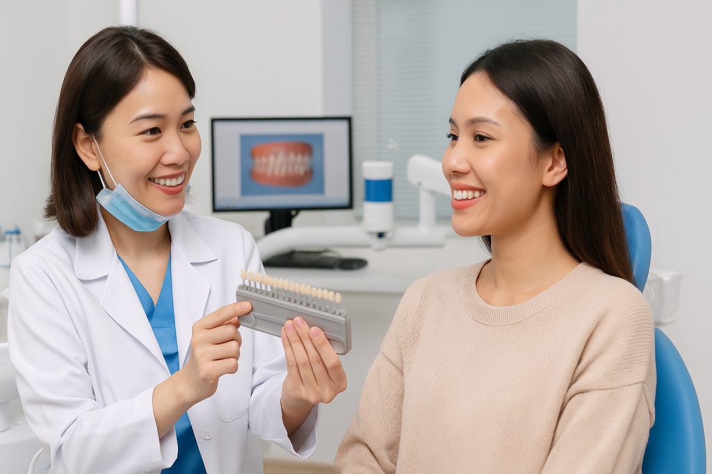Vietnamese cosmetic dentist showing a tooth shade guide to a smiling patient during a cosmetic dentistry consultation in Vietnam
