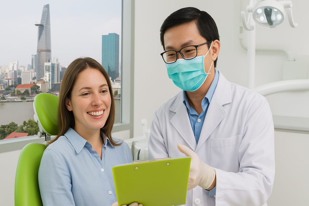 A smiling tourist receiving a dental consultation from a Vietnamese dentist in a modern clinic with a Ho Chi Minh City skyline view