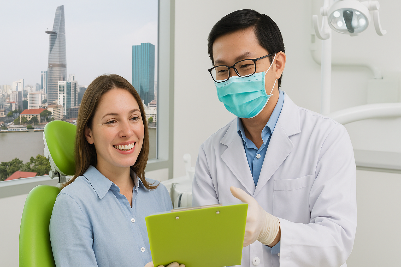 A smiling tourist receiving a dental consultation from a Vietnamese dentist in a modern clinic with a Ho Chi Minh City skyline view