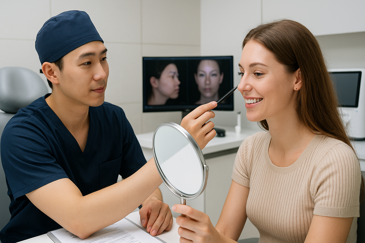 Vietnamese cosmetic surgeon consulting an international patient using Korean-style techniques in a modern clinic