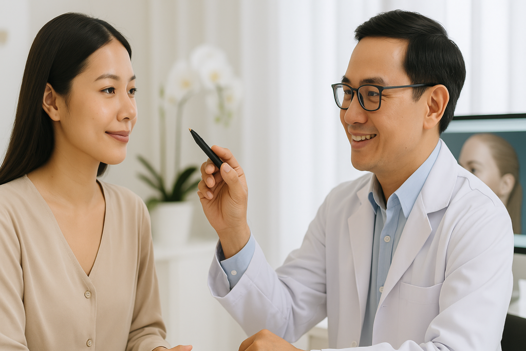 Vietnamese woman consulting cosmetic surgeon for nose job in Vietnam