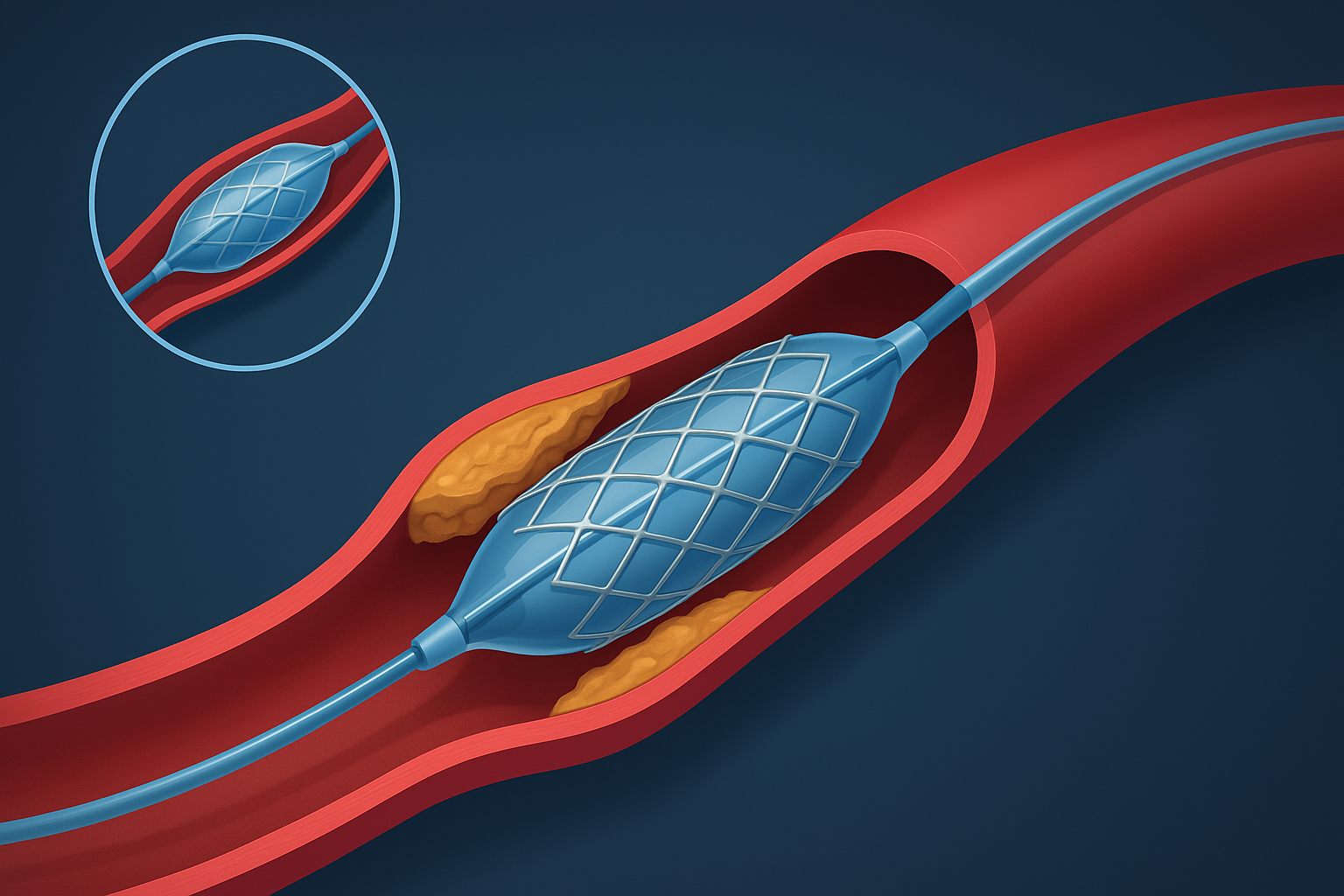Medical illustration of coronary stent placement showing a balloon catheter expanding a stent inside a narrowed artery.