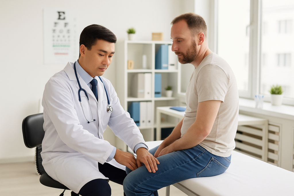Vietnamese doctor examining a European male patient during a clinical consultation in a modern medical office.
