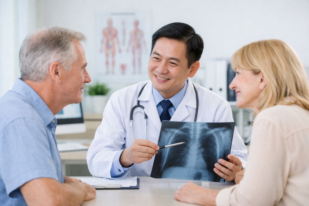 Vietnamese doctor consulting European patients at a modern medical clinic