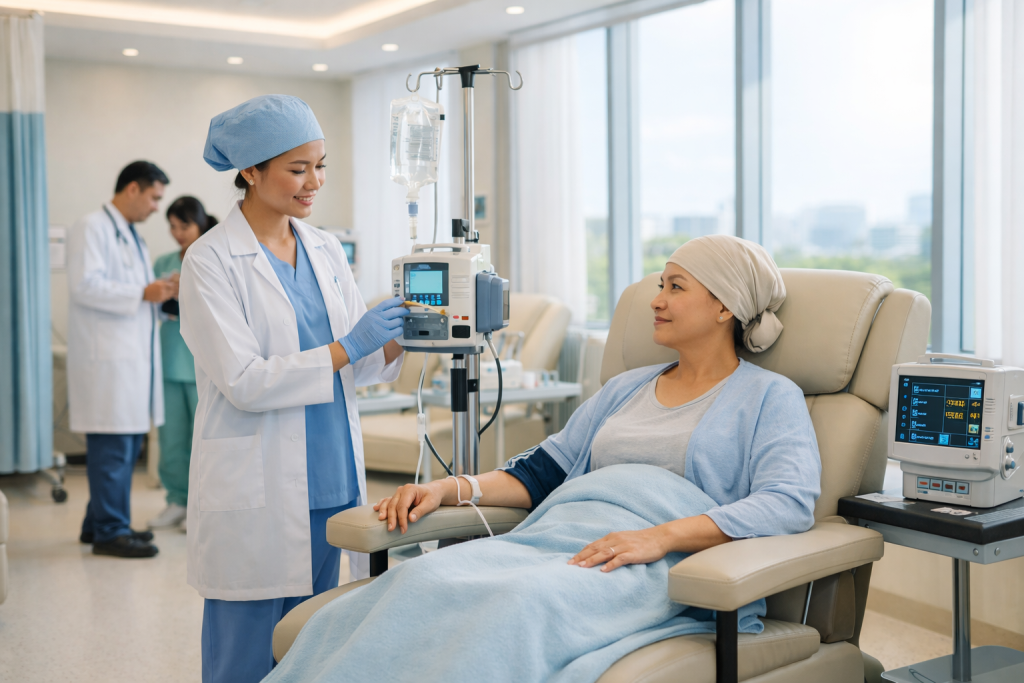 Patient receiving chemotherapy in a modern oncology treatment room