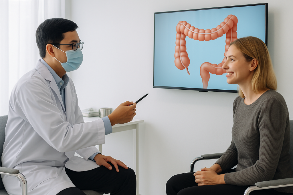 Vietnamese gastroenterologist explaining colonoscopy results to a European patient in a modern hospital in Vietnam.
