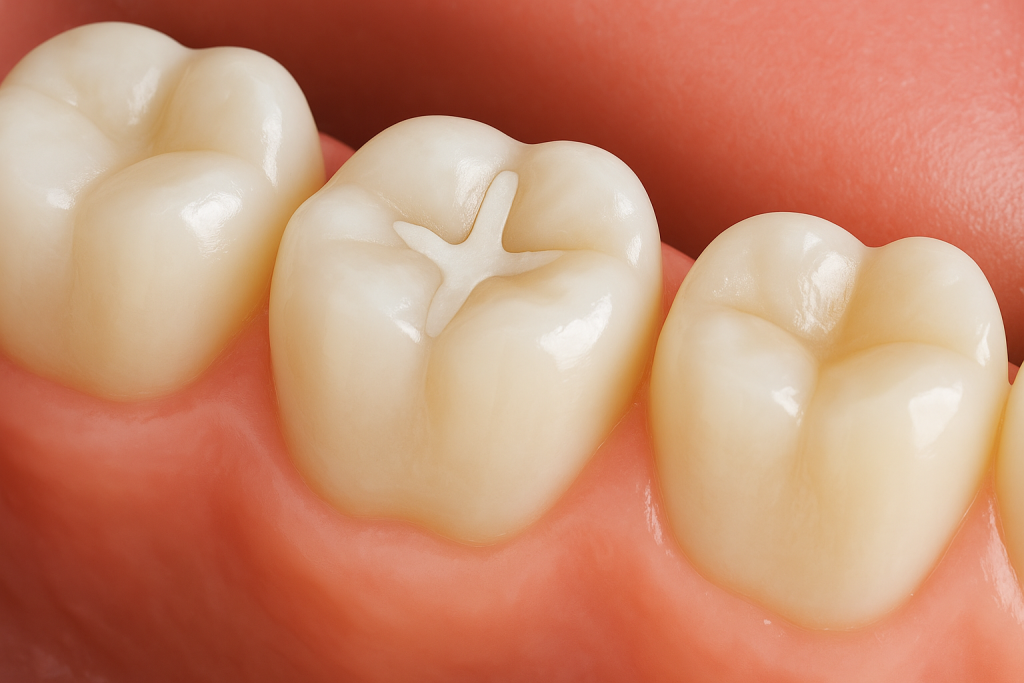 3D close-up illustration of a molar tooth with a white composite dental filling surrounded by healthy teeth and gums.