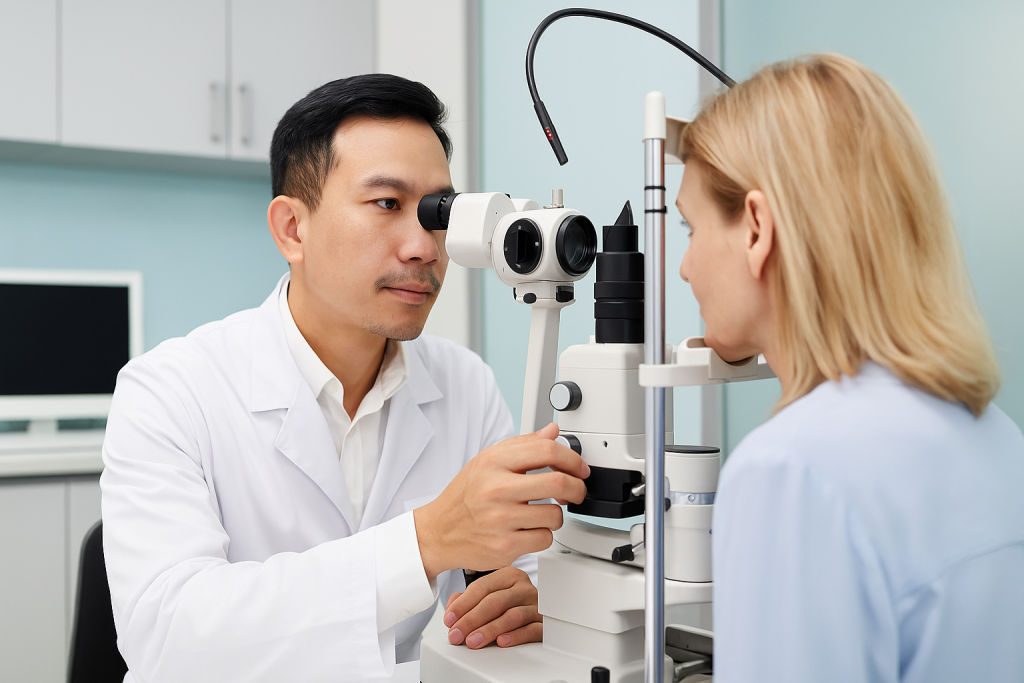 Vietnamese ophthalmologist performing a slit-lamp eye examination for a blonde international patient in a modern clinic.