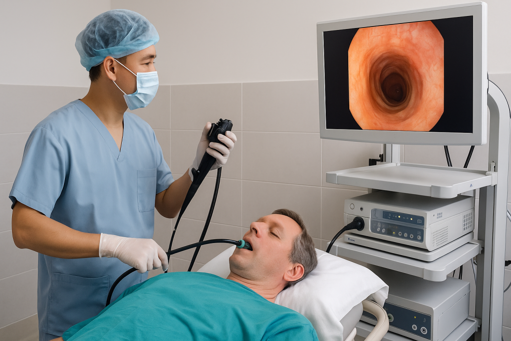 Vietnamese gastroenterologist performing a gastroscopy consultation with a European patient in a modern hospital in Vietnam.