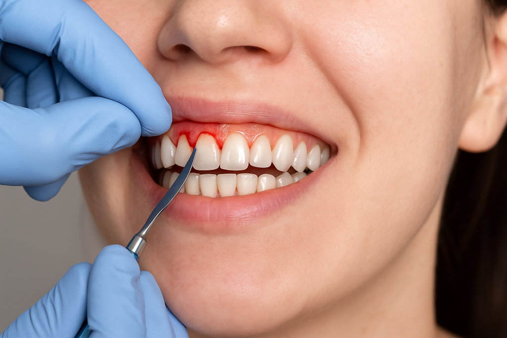 A close-up high-resolution image of a gingivectomy procedure showing a dental instrument removing excess gum tissue from the upper front teeth.