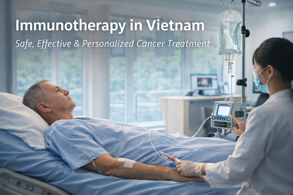 Cancer patient receiving immunotherapy infusion at a modern hospital in Vietnam