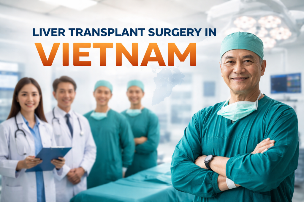 Experienced Vietnamese surgeons and medical team in a modern operating room, representing advanced liver transplant surgery in Vietnam for international patients.
