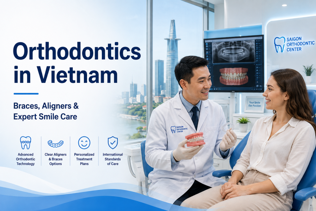 Orthodontics in Vietnam with an orthodontist explaining braces and clear aligners to an international patient in a modern dental clinic.