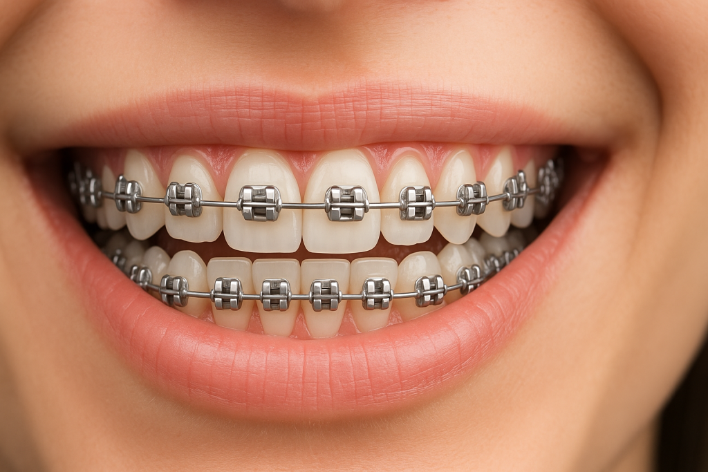 A close-up 3D-rendered image of a smiling mouth wearing traditional metal braces on both upper and lower teeth, showing clean brackets and archwires.