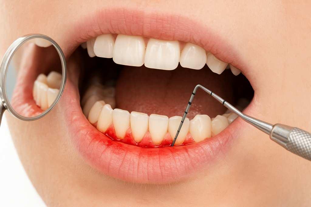 Close-up image of a dental examination showing inflamed gums and a periodontal probe measuring gum pockets, illustrating gum disease evaluation.