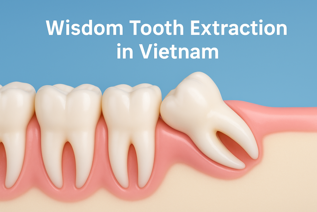 3D illustration of an impacted wisdom tooth pressing against the molar, representing wisdom tooth extraction in Vietnam.