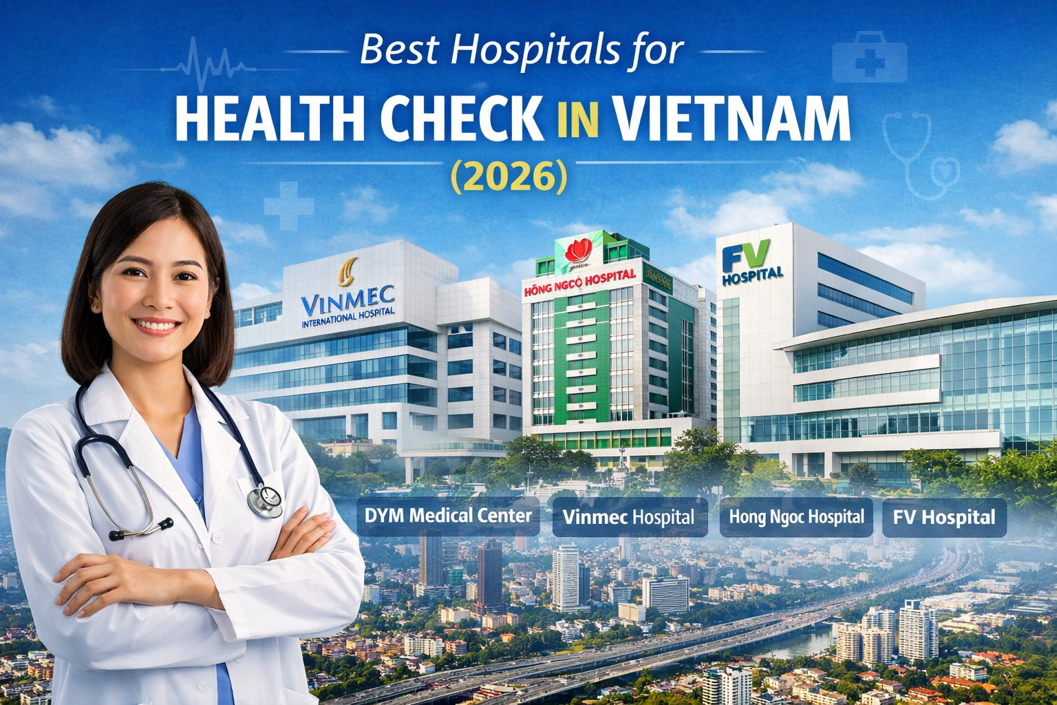 Best hospitals for health check in Vietnam in 2026, featuring DYM Medical Center, Vinmec, Hong Ngoc Hospital, and FV Hospital