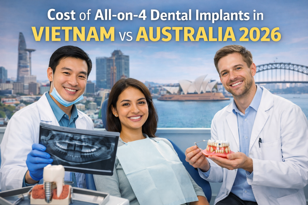 Cost of All-on-4 dental implants in Vietnam vs Australia 2026 with full mouth implant treatment comparison