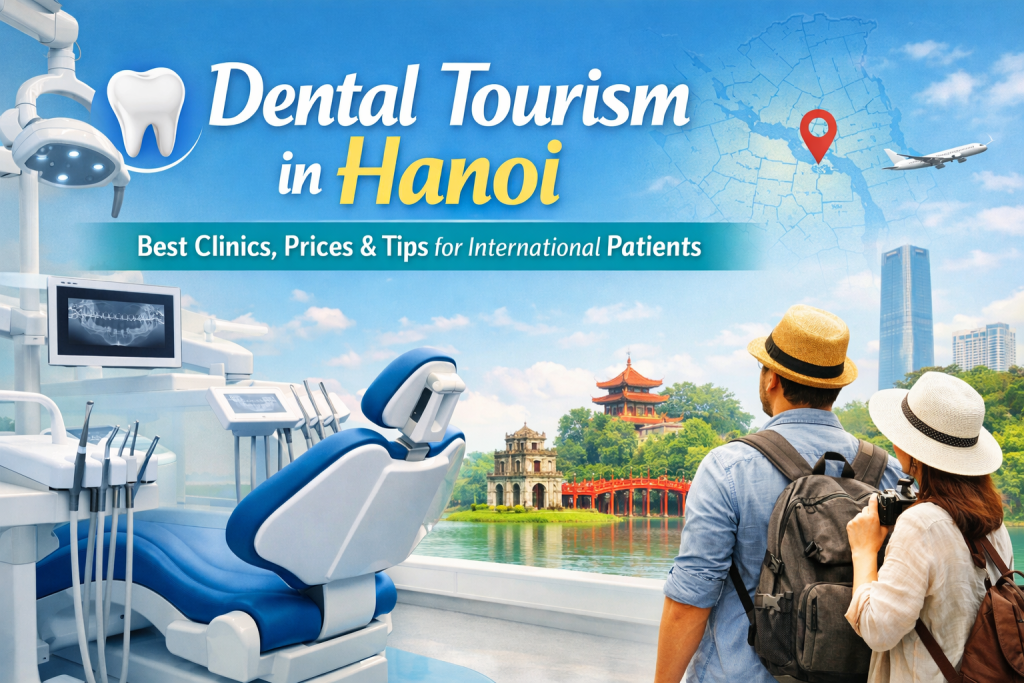 Dental tourism in Hanoi showing a modern dental clinic and tourists visiting famous Hanoi landmarks