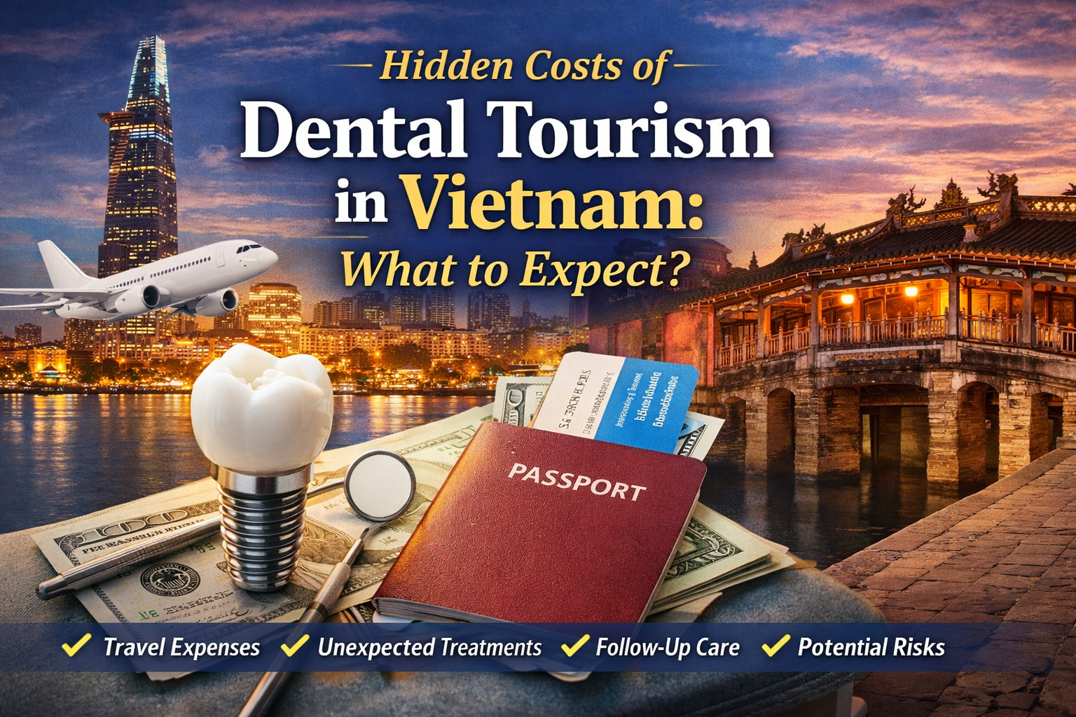 Hero image illustrating the hidden costs of dental tourism in Vietnam, featuring dental implants, travel documents, and iconic Vietnamese landmarks.