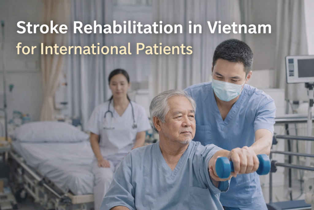 Stroke rehabilitation therapy in Vietnam with physiotherapist supporting patient recovery