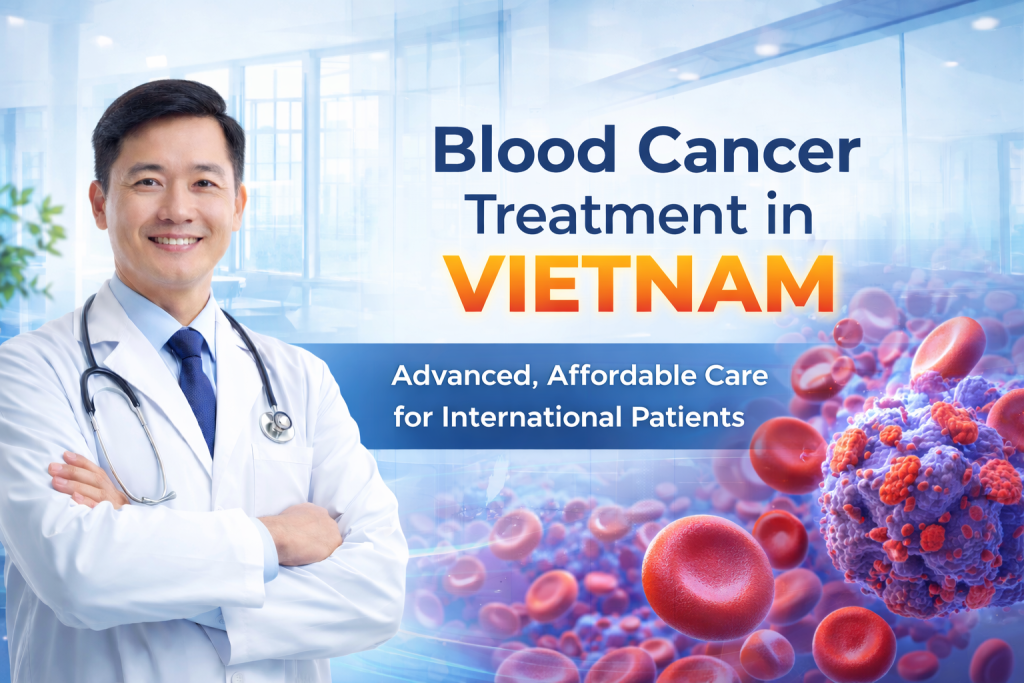 Asian doctor in a modern Vietnamese hospital promoting advanced blood cancers treatment in Vietnam with innovative oncology technology.