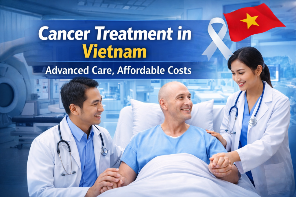 International patient receiving care from Vietnamese doctors in a modern hospital representing cancer treatment in Vietnam