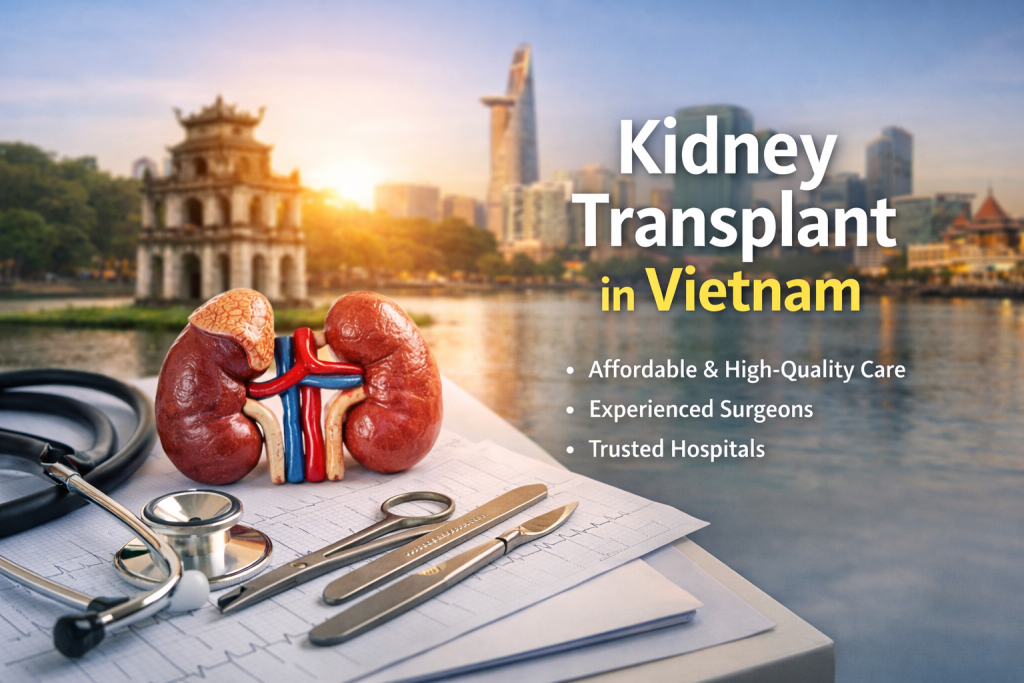 Kidney transplant in Vietnam concept image featuring medical instruments, a kidney model, and Vietnam landmarks in the background.