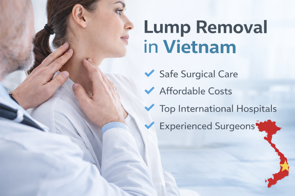 Doctor examining a patient’s neck lump during consultation for lump removal treatment in Vietnam