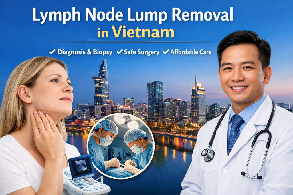 Doctor consulting with a patient about swollen lymph node evaluation and lymph node lump removal treatment in Vietnam