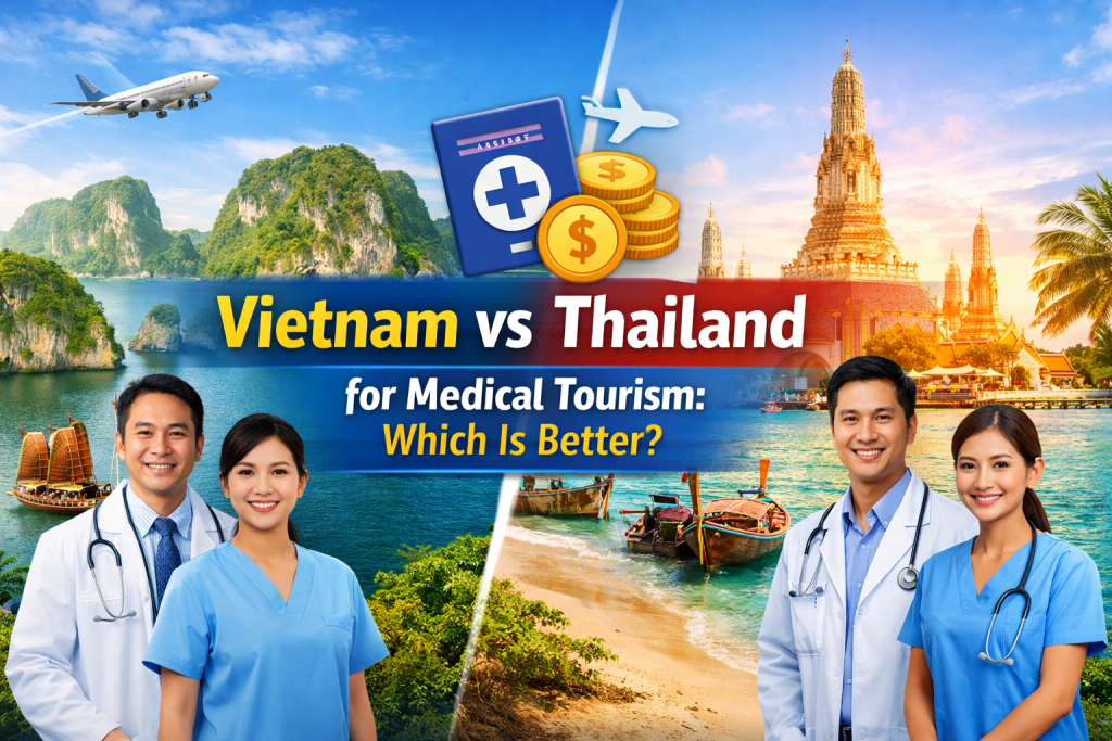Comparison banner showing Vietnam vs Thailand for medical tourism with doctors, hospitals, and famous landmarks representing both countries