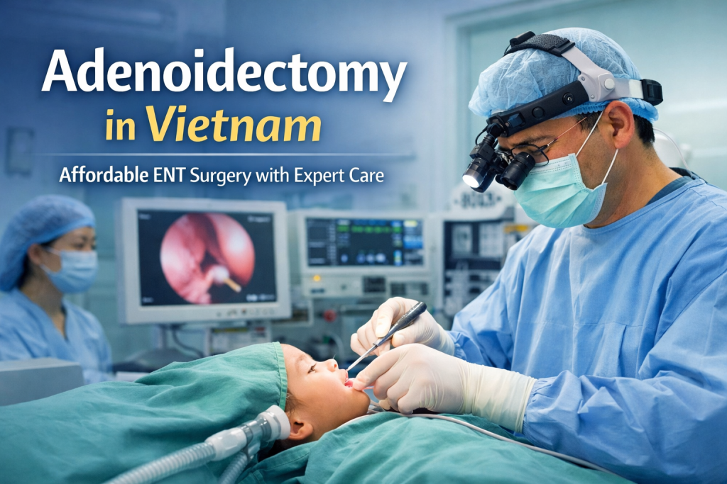 Adenoidectomy in Vietnam with ENT surgeon performing surgery on child in modern hospital, affordable pediatric ENT treatment