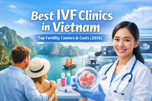 Best IVF clinics in Vietnam with modern fertility lab, doctor holding embryo sample and scenic Halong Bay background
